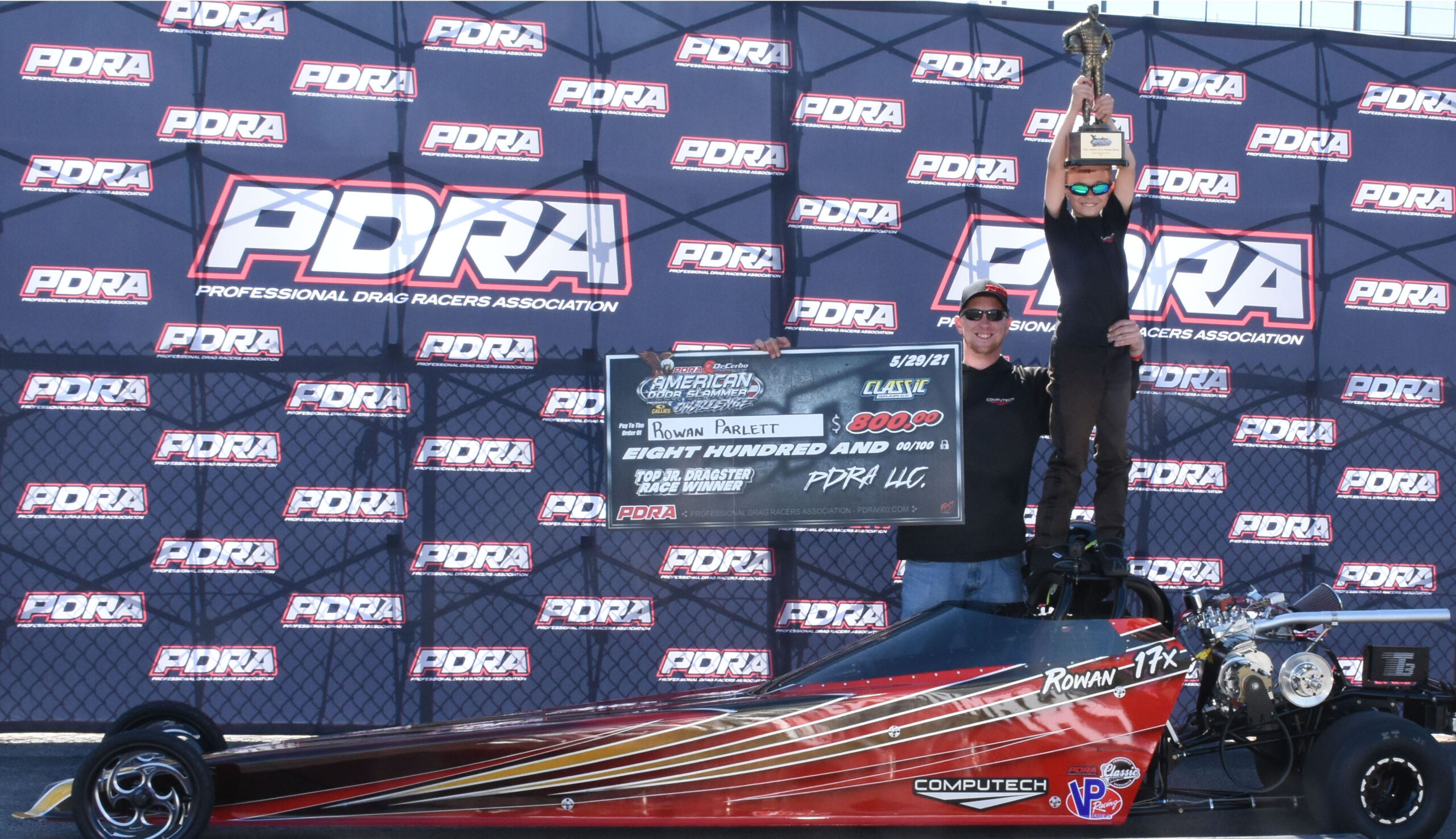 Rowan "The Robot" Parlett Wins the PDRA Top Jr. Dragster Doorslammer Nationals Winners Circle Photo